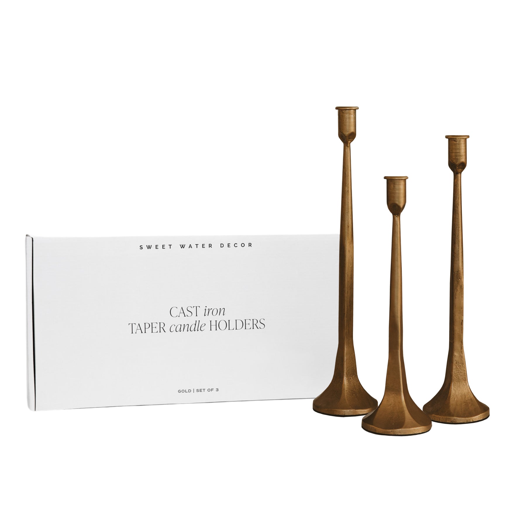 Gold Cast Iron Taper Candle Holders.