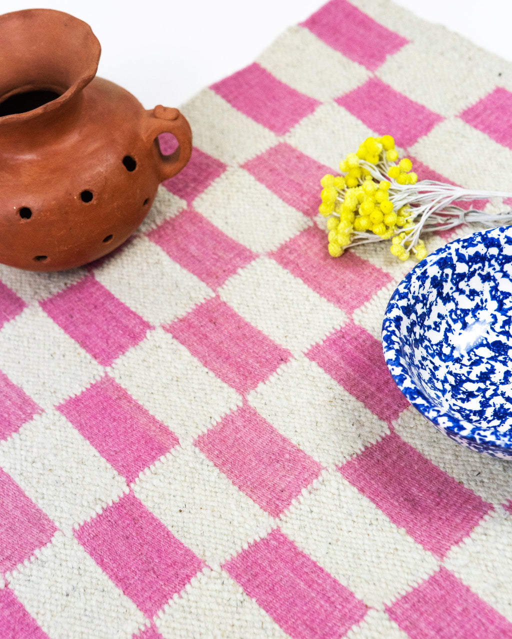 Zapotec Checkered Rug in Pink & Ivory