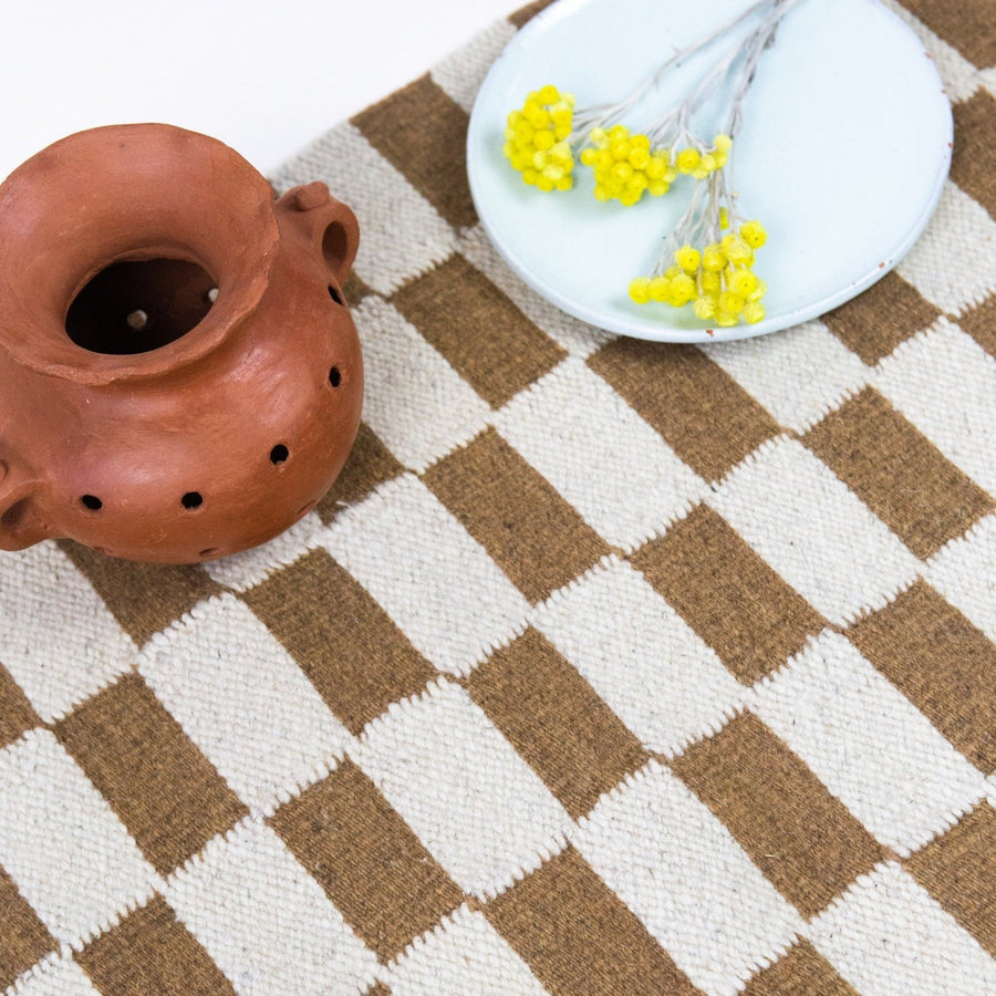 Zapotec Checkered Rug in Umber & Ivory