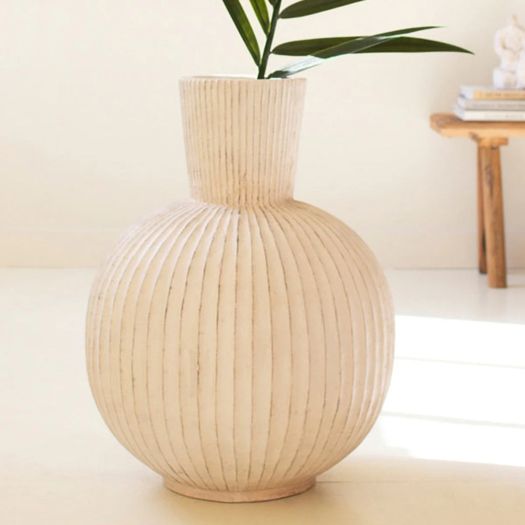 Tall Stone Composite Fluted Bulb Vase.