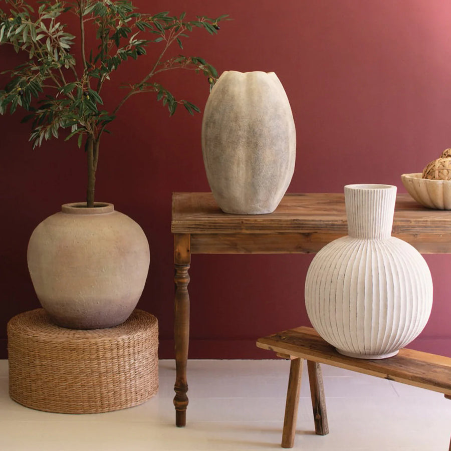 Tall Stone Composite Fluted Bulb Vase.