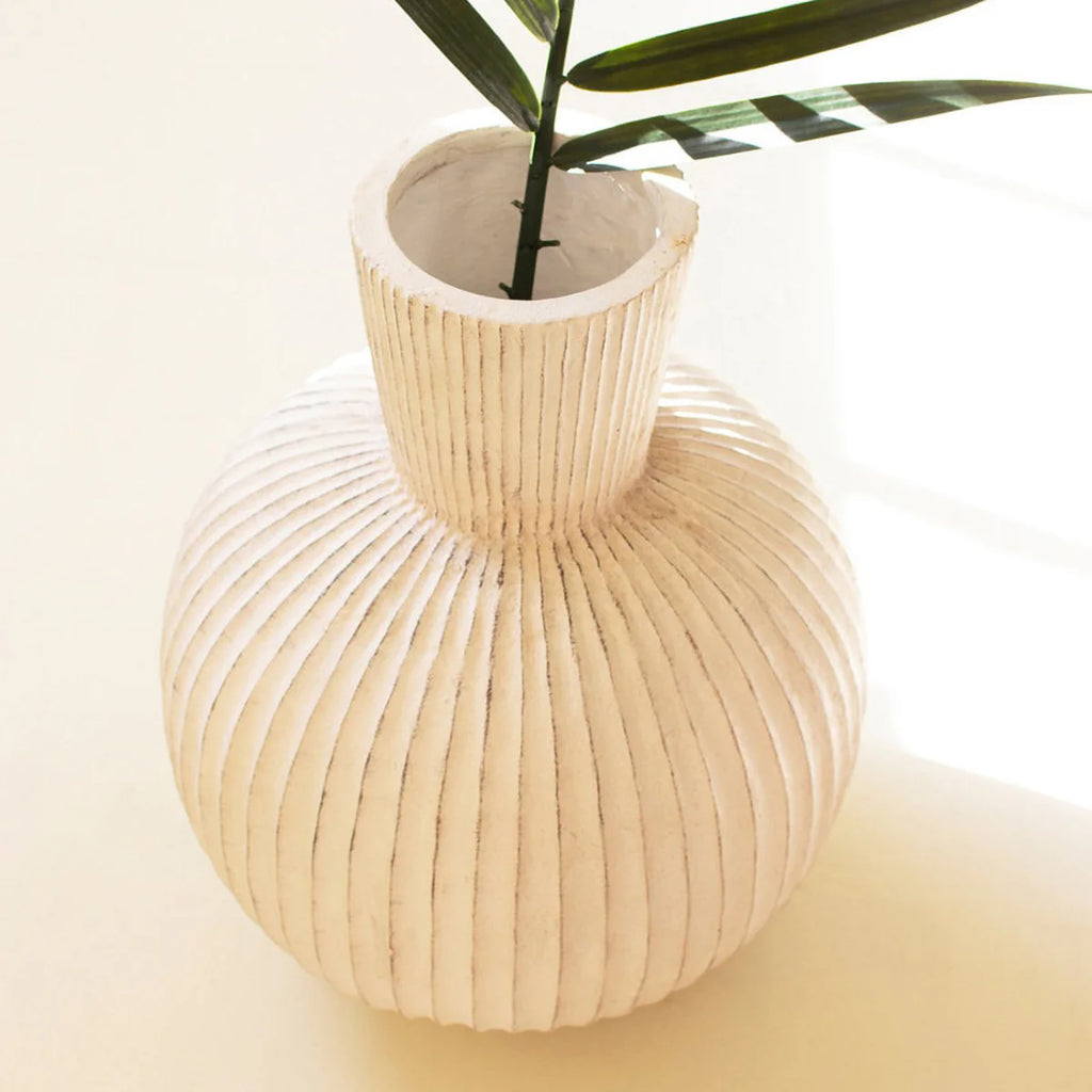 Tall Stone Composite Fluted Bulb Vase.