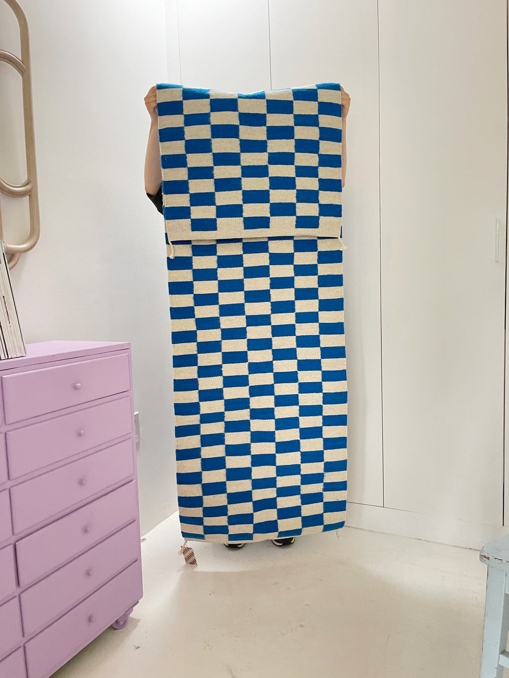 Zapotec Checkered Rug in Blue & Ivory