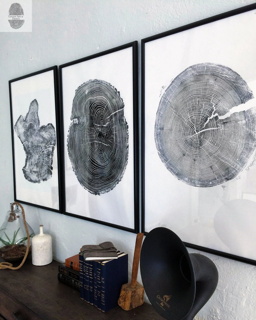 Handmade Tree Ring Prints from Reclaimed Wood | Three-Panel Woodcut Wall Art Set | 24" x 36" Each