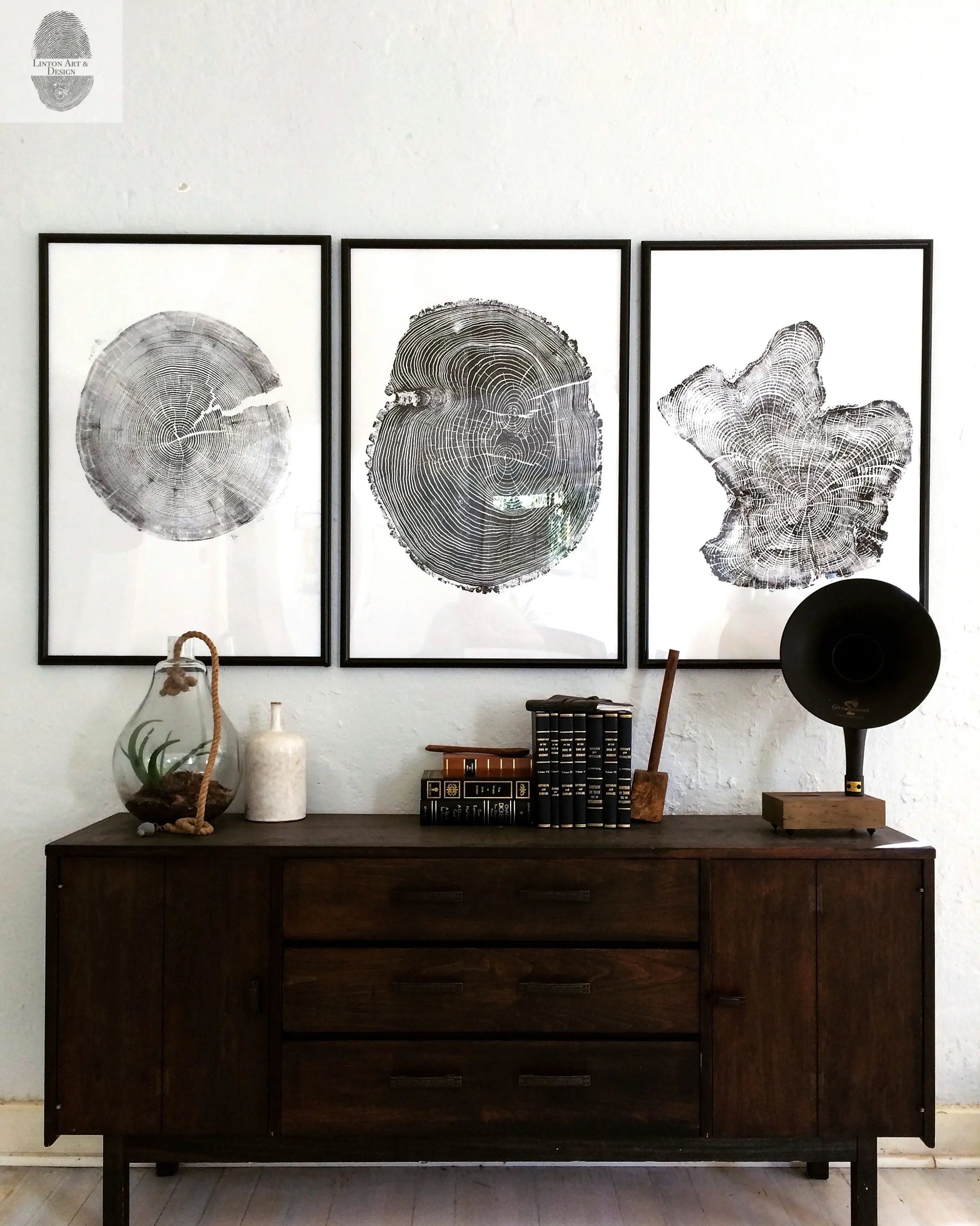 Handmade Tree Ring Prints from Reclaimed Wood | Three-Panel Woodcut Wall Art Set | 24" x 36" Each