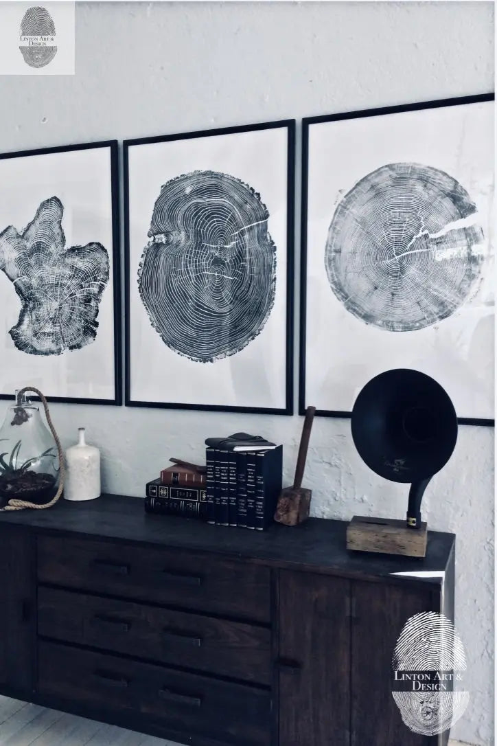 Handmade Tree Ring Prints from Reclaimed Wood | Three-Panel Woodcut Wall Art Set | 24" x 36" Each