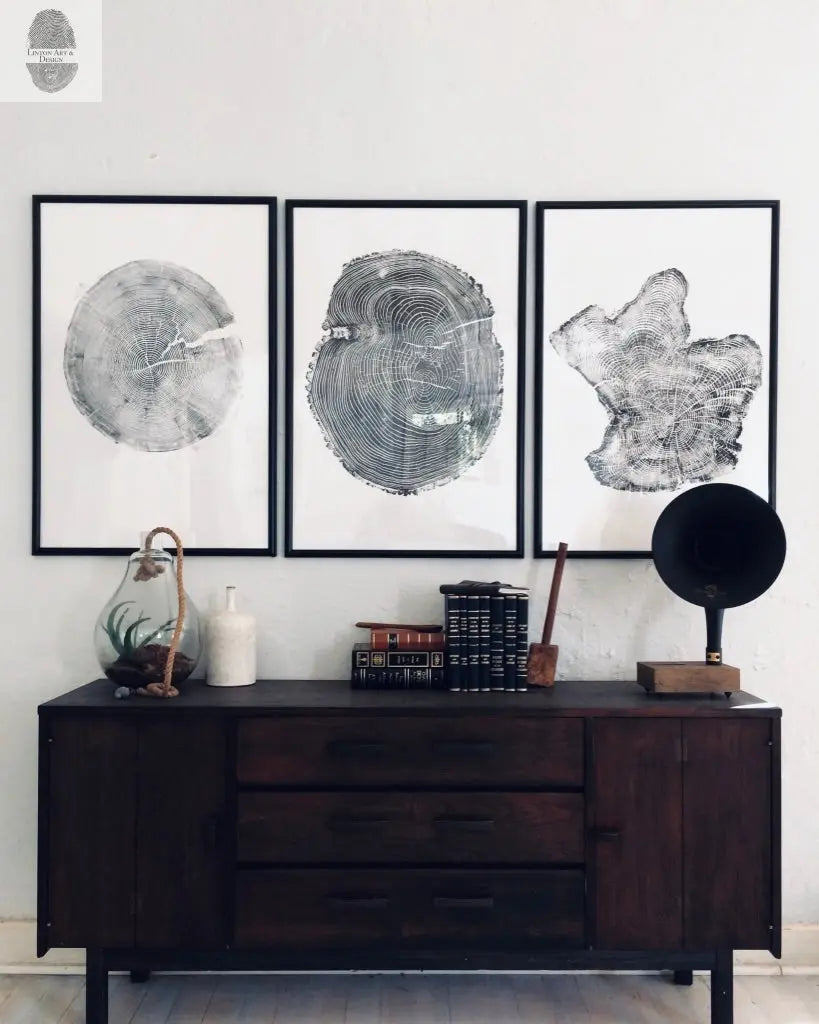 Handmade Tree Ring Prints from Reclaimed Wood | Three-Panel Woodcut Wall Art Set | 24" x 36" Each