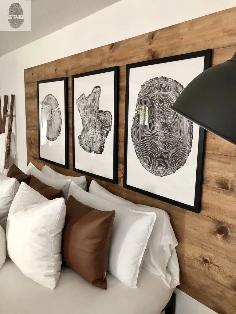 Handmade Tree Ring Prints from Reclaimed Wood | Three-Panel Woodcut Wall Art Set | 24" x 36" Each