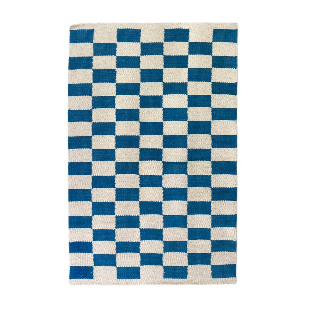 Zapotec Checkered Rug in Blue & Ivory