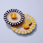 Ceramic Stripe Dinner Plate, Yellow - 10 x 10 x 1.25 Inches ( Set of 2 ).