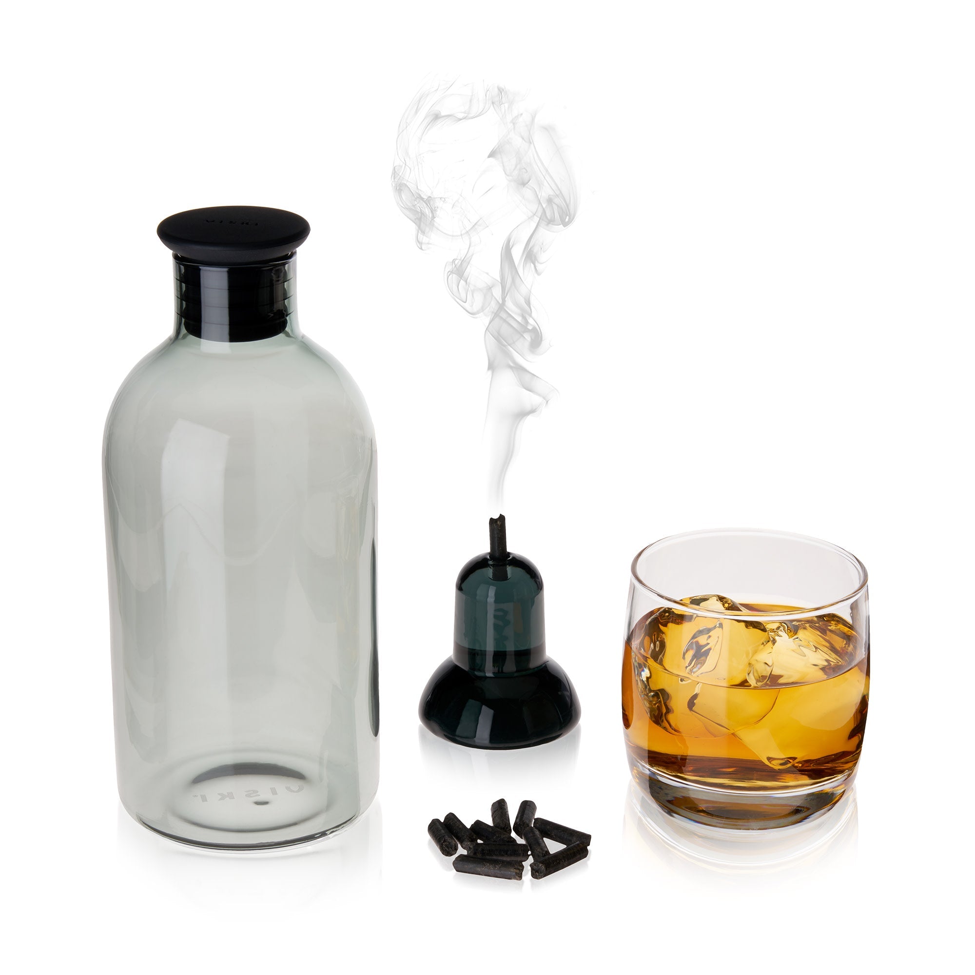 Glass carafe with smoking device and glass of whiskey on a white background