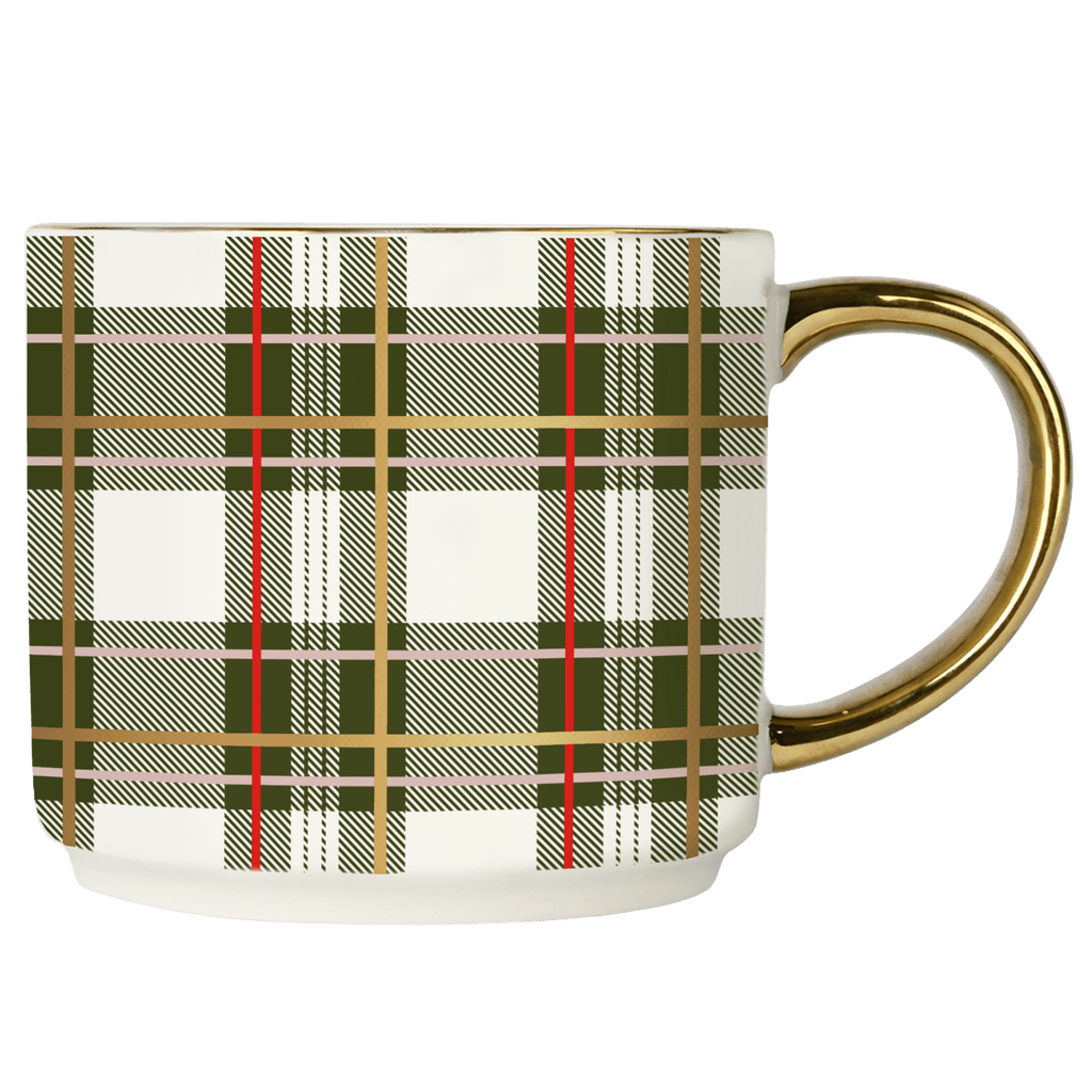 Green Plaid 14oz. Gold Handle Coffee Mug.