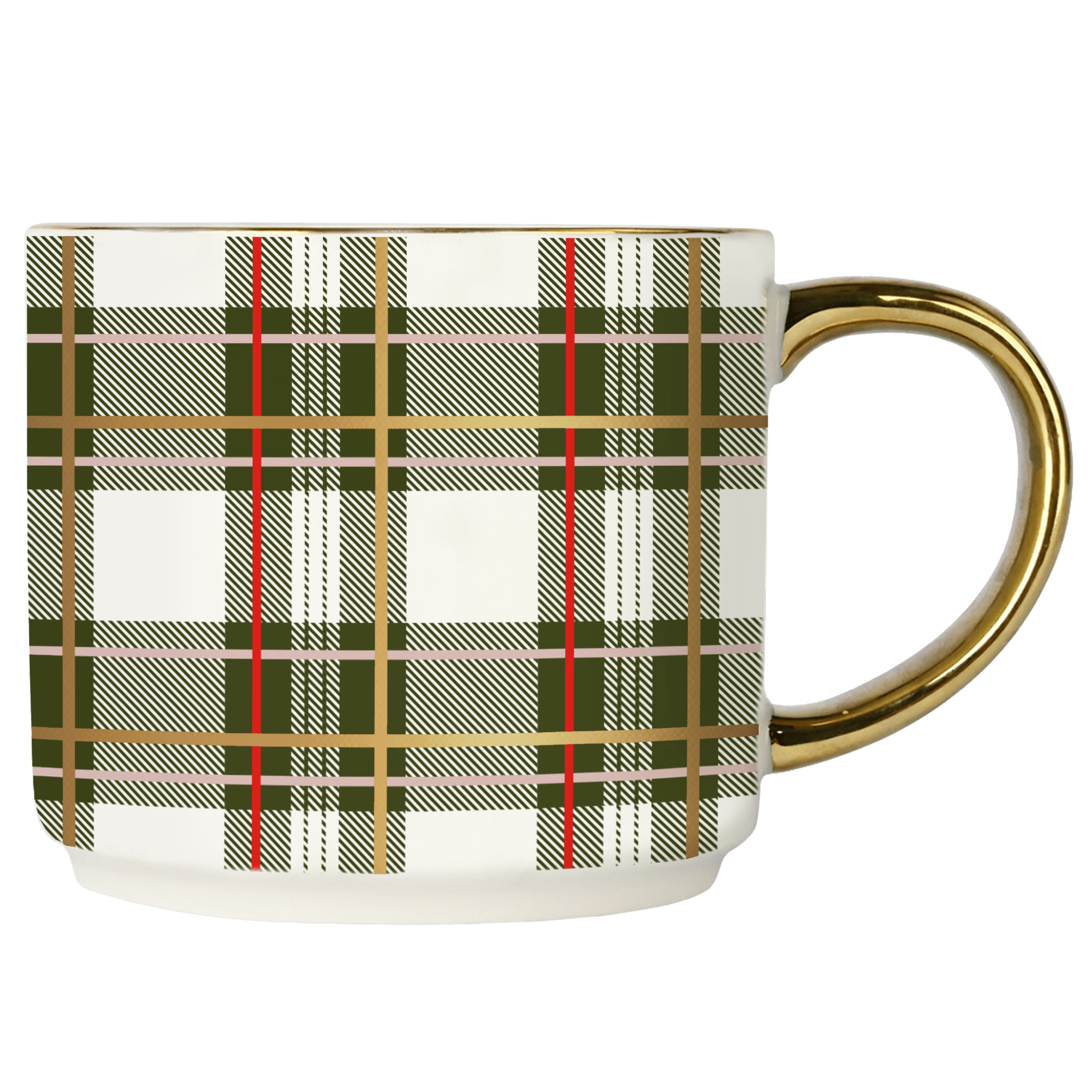 Green Plaid 14oz. Gold Handle Coffee Mug.
