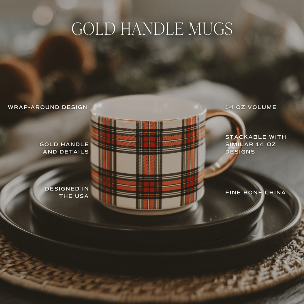 Green Plaid 14oz. Gold Handle Coffee Mug.