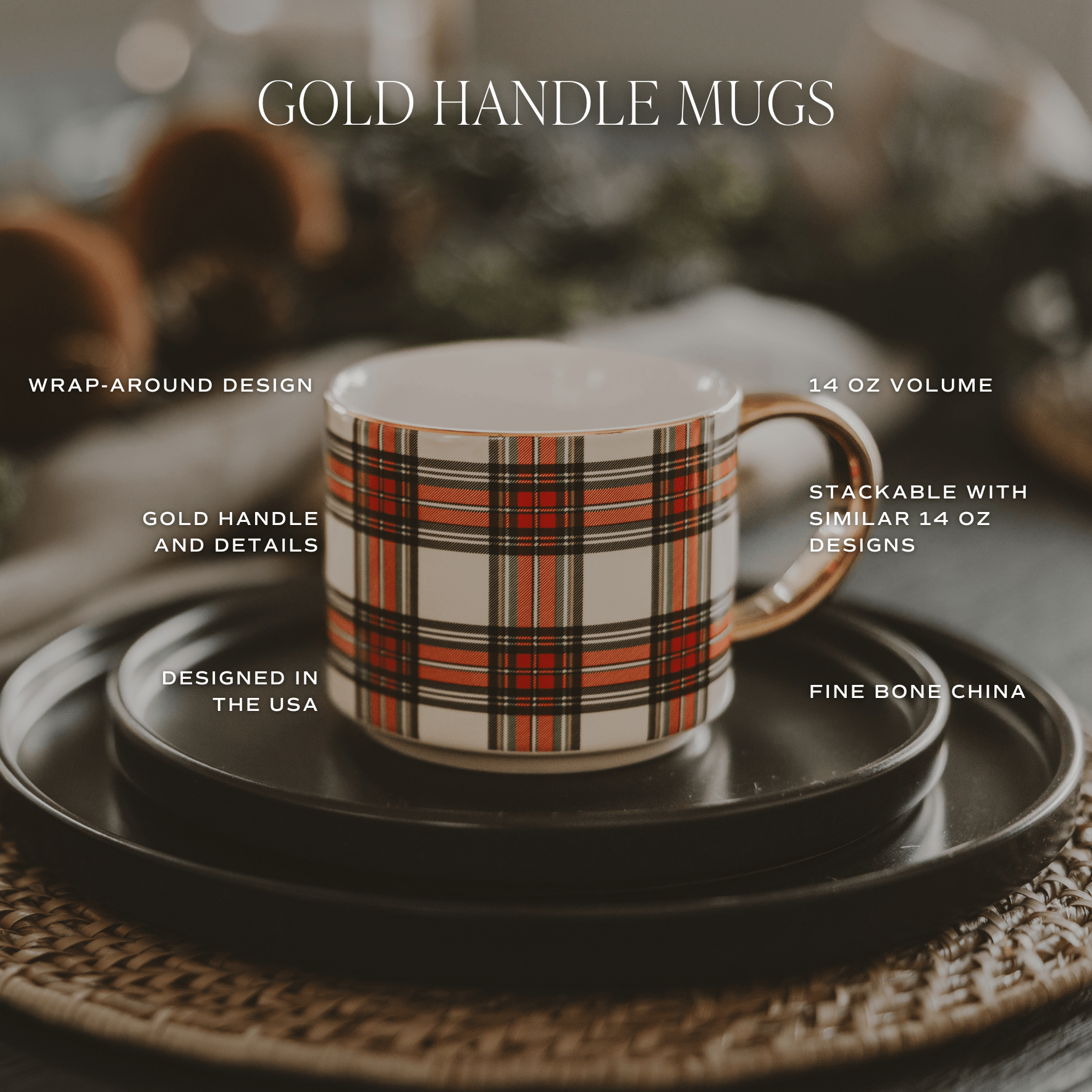 Green Plaid 14oz. Gold Handle Coffee Mug.