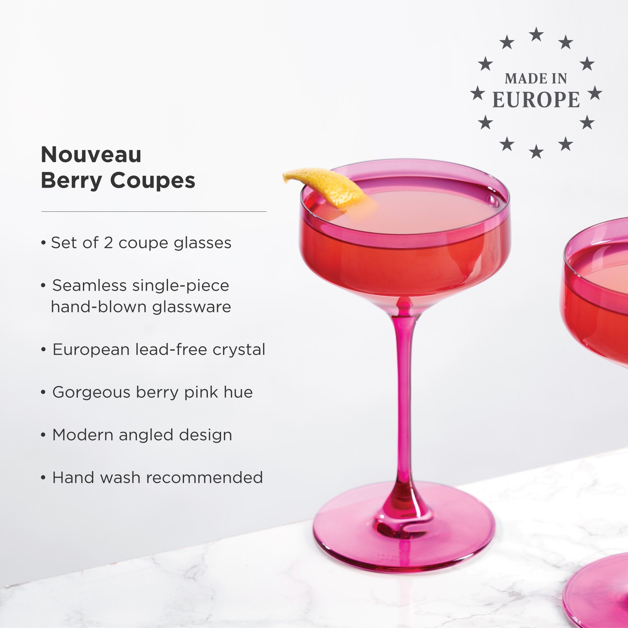 Reserve Nouveau Crystal Coupe Glasses in Berry Set of 2.