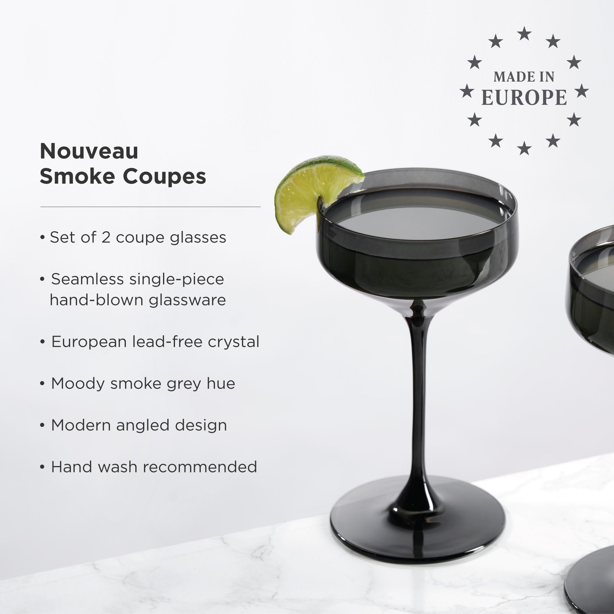 Reserve Nouveau Crystal Coupe Glasses in Smoke Set of 2.