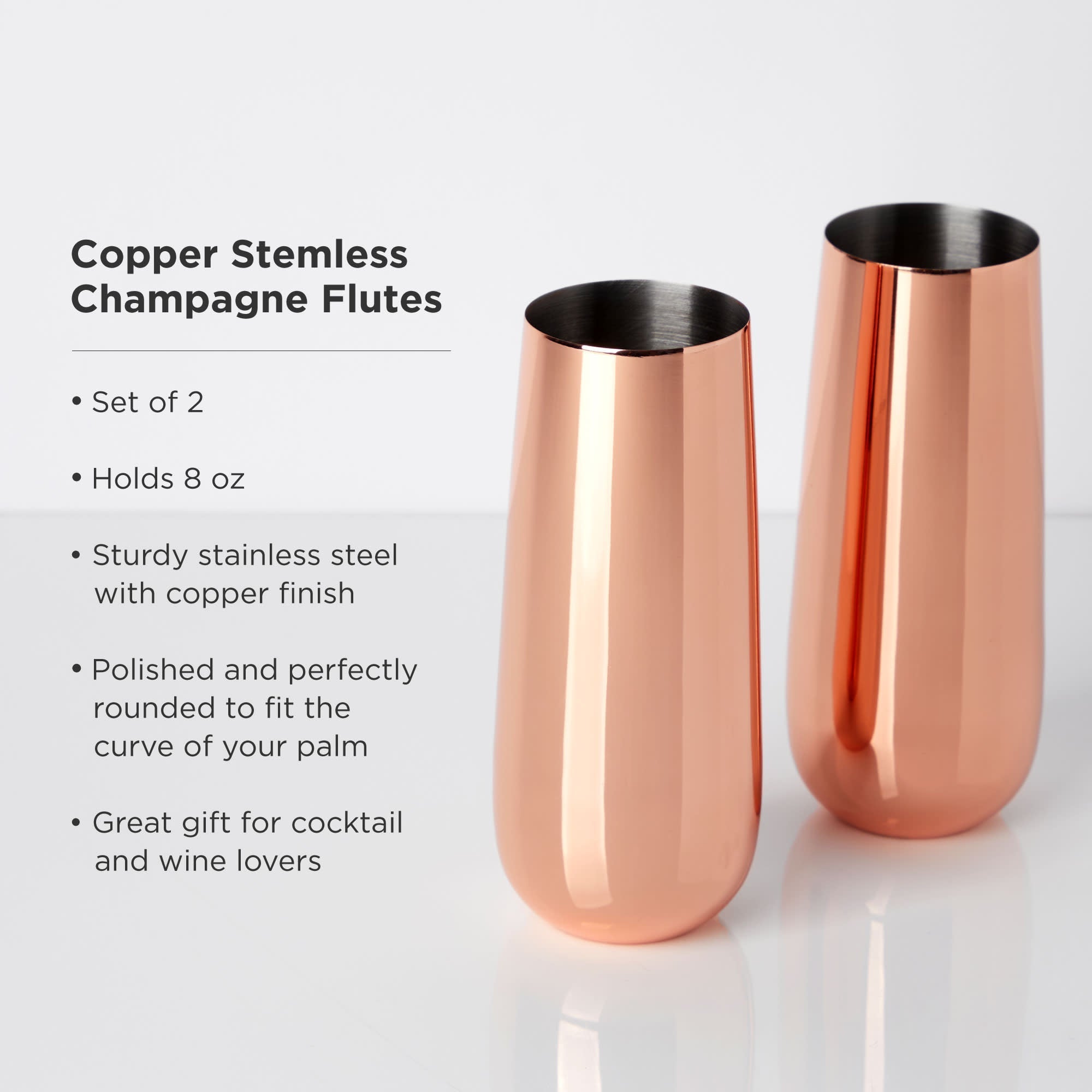 Stainless Steel Stemless Champagne Flutes in Copper Set of 2.