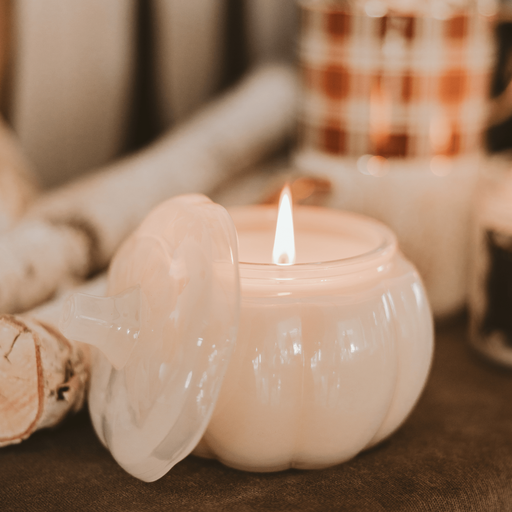 Warm and Cozy Soy Candle - White Translucent Glass Pumpkin Jar - 20 oz - Shop_nameSweet Water Decor
