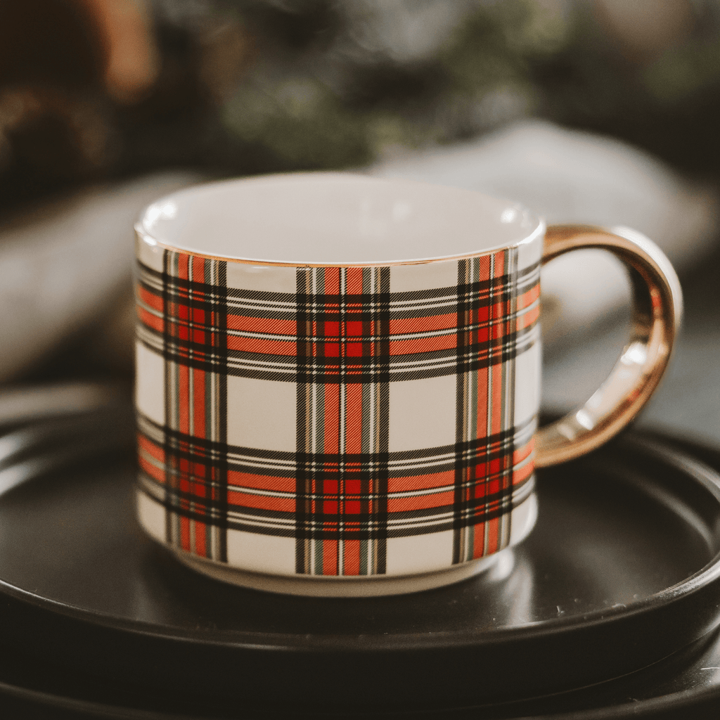 White Plaid 14oz. Gold Handle Coffee Mug - Shop_nameSweet Water Decor