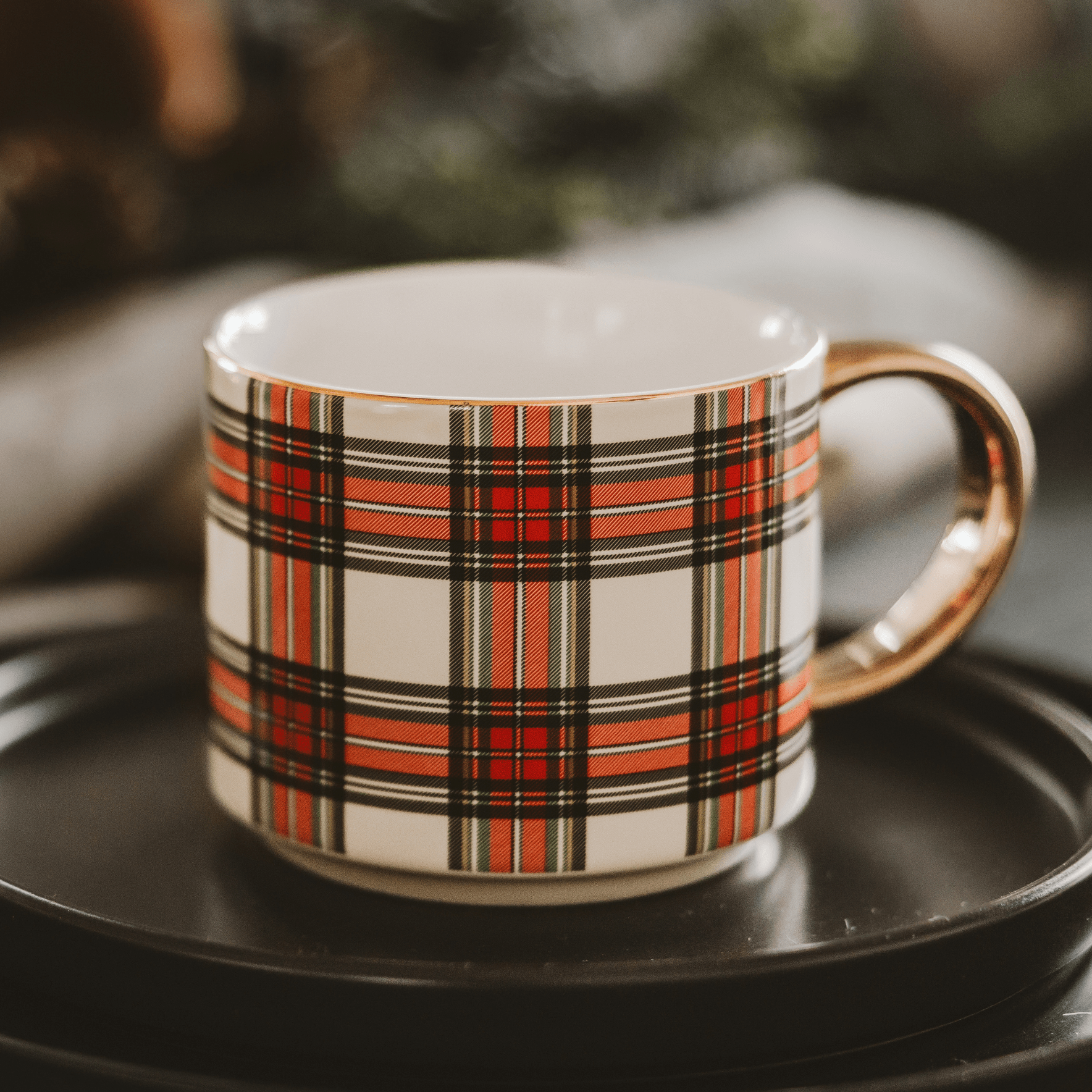 White Plaid 14oz. Gold Handle Coffee Mug - Shop_nameSweet Water Decor